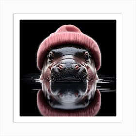 Baby Hippo in pink beanie hat 3 Art Print