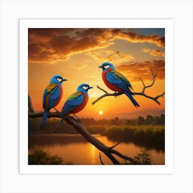 Colorful Birds At Sunset Art Print