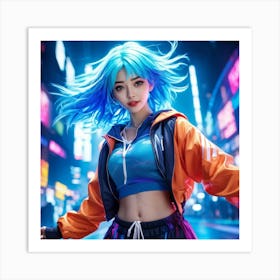 Blue Haired Girl Radiating Cheerfulness Dressed In Vibrant Sportswear Dynamic Pose Suggests Moveme Art Print