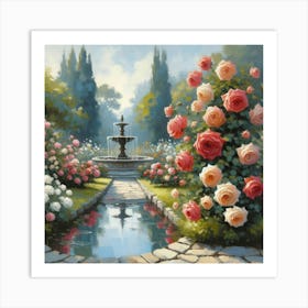 Rose Garden With The Fountain, Acrylic Style Painting 5 Art Print