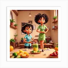 Two African American Girls In A Kitchen Art Print