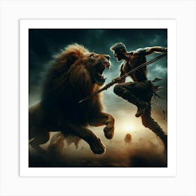 Lion And Man Fighting Art Print