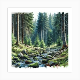 Forest Stream, Watercolor Painting Style Art Print