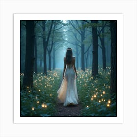 Elven Princess In A Shimmering Gown, Walking Through A Starlit, Enchanted Forest 1 Art Print