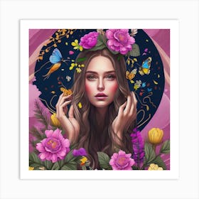 Portrait Of Girl With Flowers And Butterflies Art Print