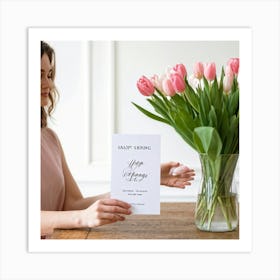 A Minimal And Decorated Nature Inspired Invitation Card A Woman In A Pastel Pink Top Is Gently Layi Art Print