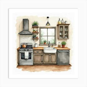 Rustic Kitchen Watercolor Painting, Charming And Elegant 1 Art Print