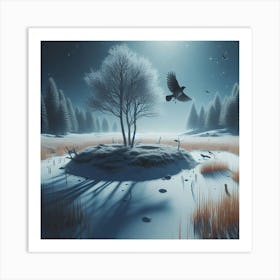 Flying Late (winter, bird, snow, tree) Art Print