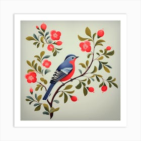 Scandinavian Rosemaling, Bird On a Branch, folk art, 111 Art Print