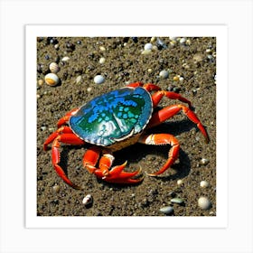 Crab Crustacean Marine Shellfish Ocean Beach Claw Legs Pincers Red Blue Green Brown Whi Art Print