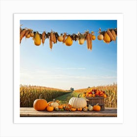 Autumnal Harvest Scene Capturing A Gourd Squash And Pumpkin Amongst A Field Of Corn Under A Cornfl (6) Art Print