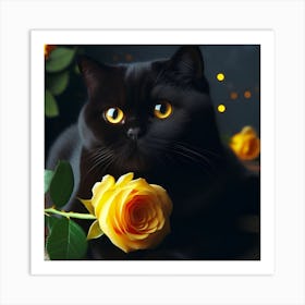 Black Cat With Yellow Roses Art Print