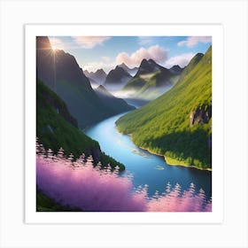 Landscape Of Mountains And Flowers Art Print