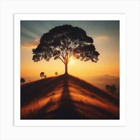 Tree On A Hill At Sunset Art Print