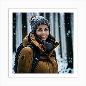 Woman in down jacket in a snowy wood Art Print