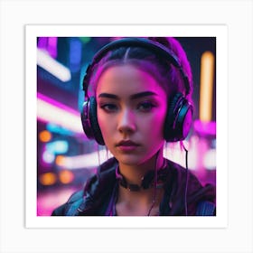 An AI generated lady on headphones Art Print