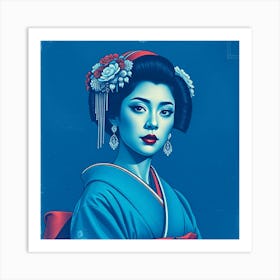 Geisha Portrait in Washed Blue Art Print