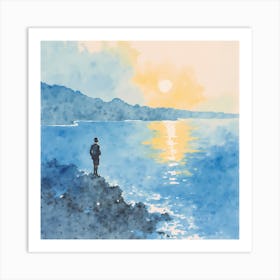 Man Standing On Cliff At Sunset Art Print