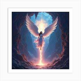 Angelic Warrior Descending Into A Glowing, Colorful Abyss 1 Art Print