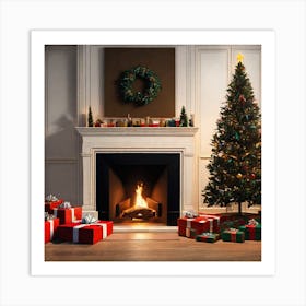 Christmas Tree In Front Of Fireplace 10 Art Print