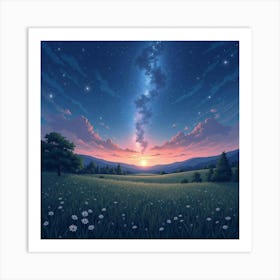 Luminous Watercolor Nightfall Over Serene Meadows 1 Art Print