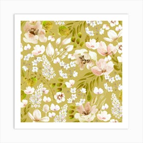 Watercolor White Flowers Yellow Art Print