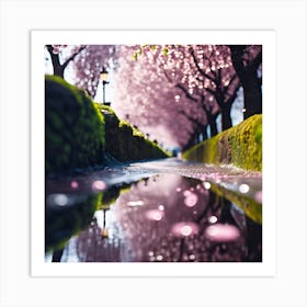 Puddles on the Cherry Blossom Walkway Art Print