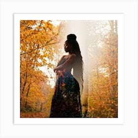 Black Woman Stands Dignified In Autumnal Forest Scene Her Silhouette Merges As Foreground With Over Art Print