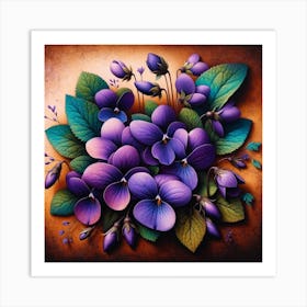 Title: "Violet Whispers"  Description: This vividly detailed image showcases a vibrant bouquet of pansies, each petal painted with a gradient of purple and blue shades, delicate white strokes, and a hint of yellow at the center. The flowers are nestled among rich green leaves with prominent veins, adding depth and contrast to the composition. Some buds and smaller blooms are in various stages of opening, symbolizing potential and new beginnings. The textured, warm-toned background complements the cool colors of the pansies, creating a cozy and inviting atmosphere. The artwork conveys a sense of gentle elegance and the simple joys found in nature's intricacies, evoking feelings of tranquility and admiration for the subtle complexities of flora. Art Print