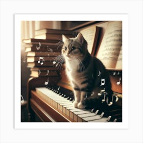 Musical Cat Wall Print Art A Whimsical Scene Of A Cat On A Piano With Musical Notes, Perfect For Blending A Love Of Cats And Music In Any Space Art Print