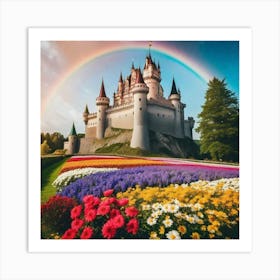 Rainbow over castle with beautiful flower gardens Art Print