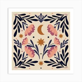 Stars Moon And Flowers - Autumn palette Art Print