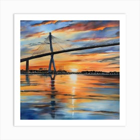 Sunset over the Arthur Ravenel Jr. Bridge in Charleston. Blue water and sunset reflections on the water. Oil colors.14 Art Print