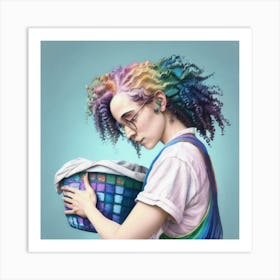 Girl With Rainbow Hair and Laundry Art Print