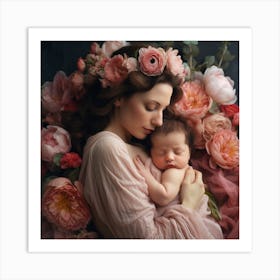 Mother And Baby In Flowers Art Print