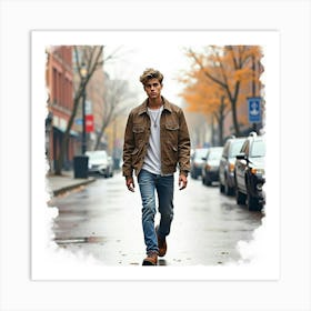 Watercolor Of Justin Bieber Walking Along A Quiet, Rain Soaked Street Art Print