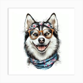 Husky Dog With Glasses 6 Art Print