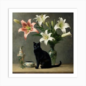 Cat And Lilies Art Print