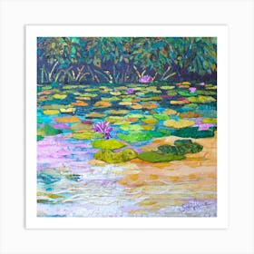 Colorful Nature Lily Pad Pond Square Art Print