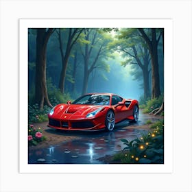 Ferrari In A Watercolor Enchanted Forest With Glowing Lights 1 1 Art Print