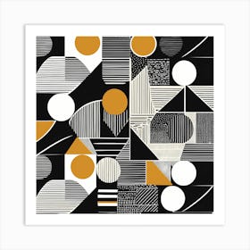 Retro Inspired Linocut Abstract Shapes Black And gold Minimal, 1131 Art Print