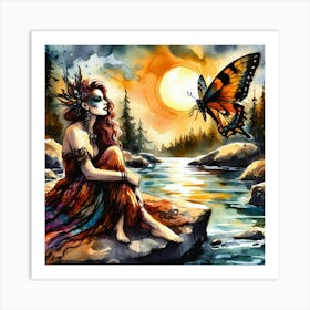 Watercolor Of A Woman With A Butterfly Art Print