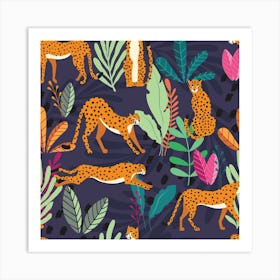 Tropical Cheetah Pattern On Deep Purple With Colorful Florals And Decoration Square Art Print