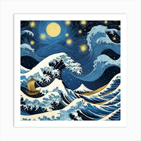 The Great Waves Off Kanagawa Logo At Starry Night Van Gogh Painting 3 Art Print