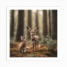 Deer And Rabbit in a forest Art Print