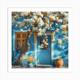 Blue House With Magnolia Tree Art Print