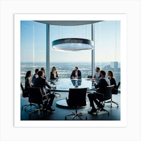 Business Team In Mid Strategizing Session Seated Around A Sleek Oval Glass Table Reflecting Ambien (2) Art Print