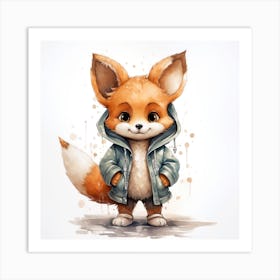 Watercolour Cartoon Fox In A Hoodie Art Print