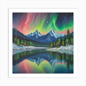 Aurora Over Snow Capped Peaks A Tranquil Mountain Reflection (9) Art Print