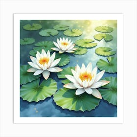 A Serene Watercolor Scene Of Lilies Floating On A Pond Art Print